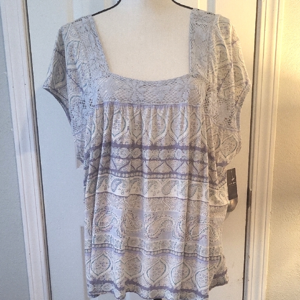 Lucky Brand Lavender and Cream Paisley Lace-Trim Blouse Nwt